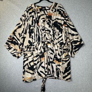 Dennis Basso Womens Size 3X Beaded Neck Caftan Tie Waist Pockets Black Gold